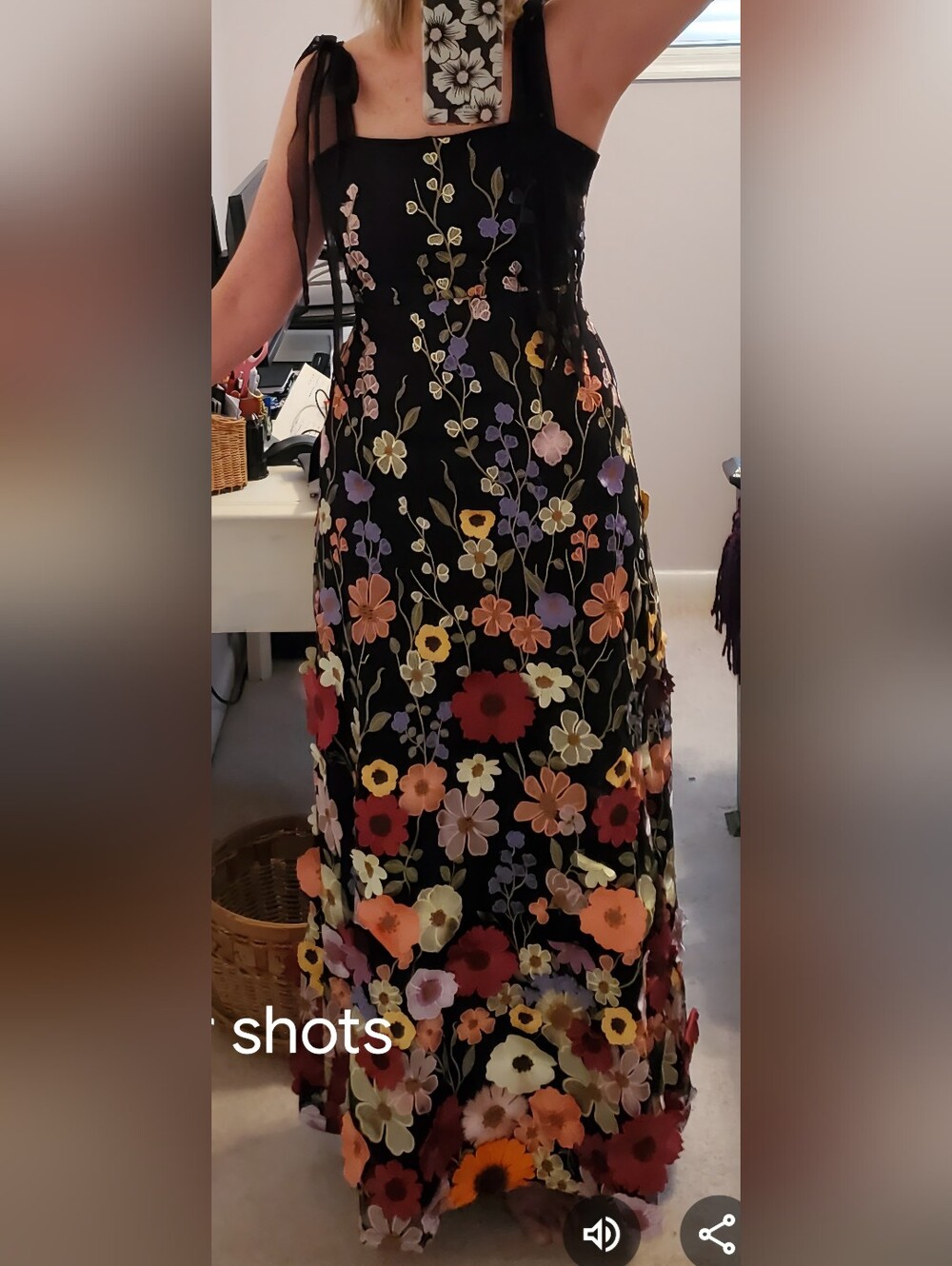 Special Occasion Black Floral Embroidered Maxi Dress With Applique Flowers.
